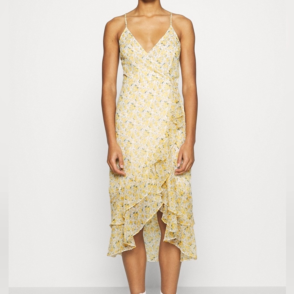 Abercrombie & Fitch Yellow Floral Midi Dress Cottagecore Halter Tie Ruffle Hem